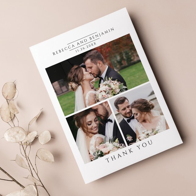 Modern Bröllop Photo Collage Minimalist Tack Kort (Wedding Day Photo Collage Thank You Card)