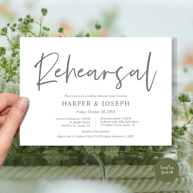 Modern Bröllop Rehearsal och middag, Mörk Grått Inbjudningar (Wedding Rehearsal and Dinner Invitation Card, PDF, Modern Minimalist Elegant, in Dark Grey)