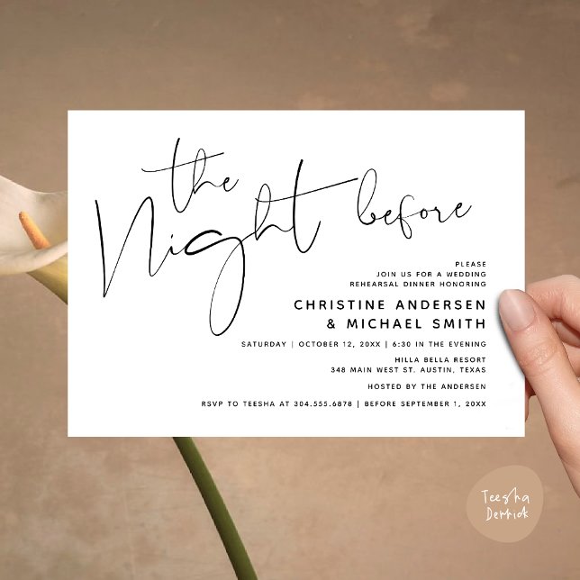 Modern Bröllop-repetitionsmiddag, natten före Inbjudningar (Modern Wedding Rehearsal Dinner, The Night Before Invitation Card Minimalist Beautiful White Black)