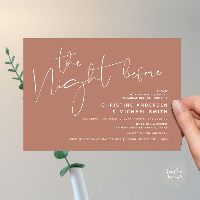 Modern Bröllop-repetitionsmiddag, natten före Inbjudningar (Modern Wedding Rehearsal Dinner, The Night Before Invitation Card Minimalist Beautiful Earthy Brown)