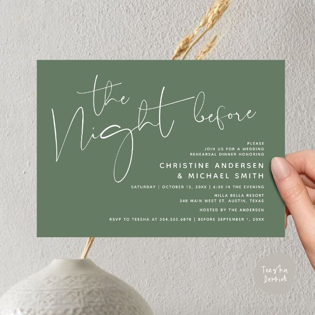 Modern Bröllop-repetitionsmiddag, natten före Inbjudningar (Modern Wedding Rehearsal Dinner, The Night Before Invitation Card Minimalist Beautiful Sage Green)