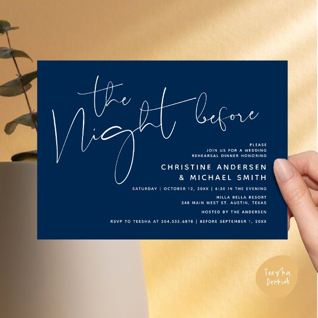 Modern Bröllop-repetitionsmiddag, natten före Inbjudningar (Modern Wedding Rehearsal Dinner, The Night Before Invitation Card Minimalist Beautiful Navy Blue)