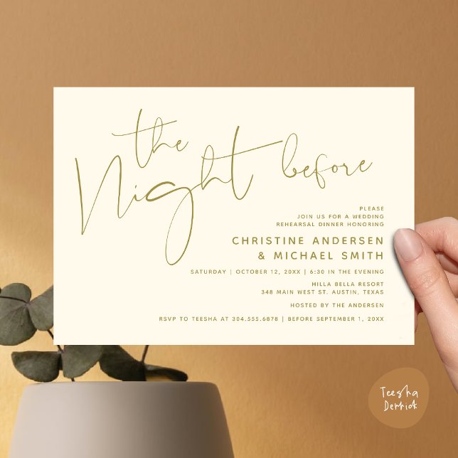 Modern Bröllop-repetitionsmiddag, natten före Inbjudningar (Modern Wedding Rehearsal Dinner, The Night Before Invitation Card Minimalist Beautiful Yellow Gold)