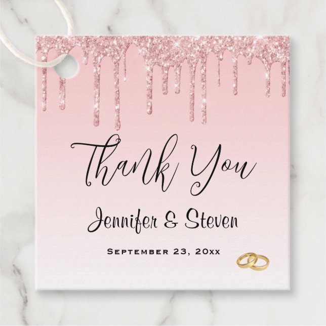 Modern Bröllop Rosa Glitter Drivrutiner och gyllen Gåvor Etiketter (Framsida)