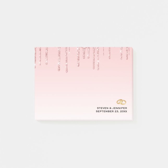 Modern Bröllop Rosa Glitter Drivrutiner och gyllen Post-it Block (Framsida)