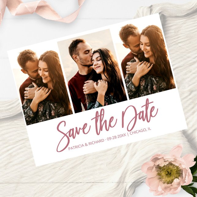 Modern Bröllop Save The Date 3 Foto Collage Vykort (Skapare uppladdad)