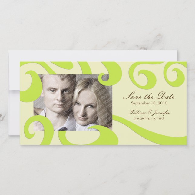 Modern Bröllop spara datum-fotokortsCream/Grönt Datumet (Framsida)