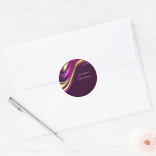 Modern bröllop-Stickers-Lila Fuchsia och Guld Runt Klistermärke