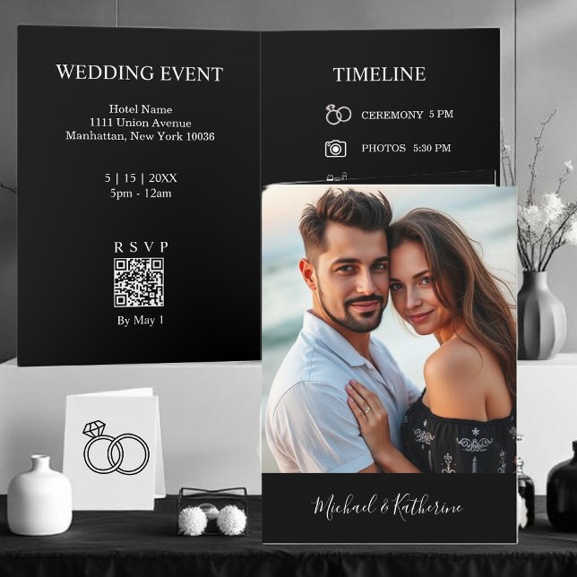 Modern Bröllop Svart & Vitt Allt-i-Allt  Inbjudan (Modern Black & White All in One Wedding Invitation)