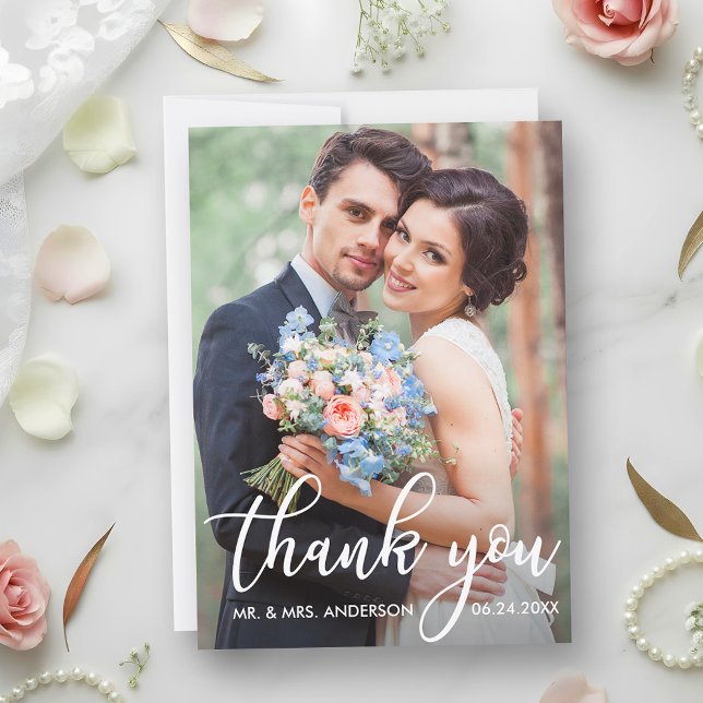 Modern Bröllop Tack Bride Groom Photo (Customize to add text or more photos to back of card.)