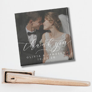 Modern Bröllop Tack Script Photo Magnet