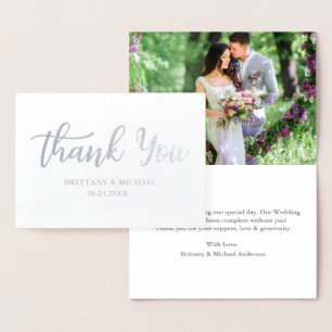 Modern Bröllop Tack Script Photo Silver Folierat Kort