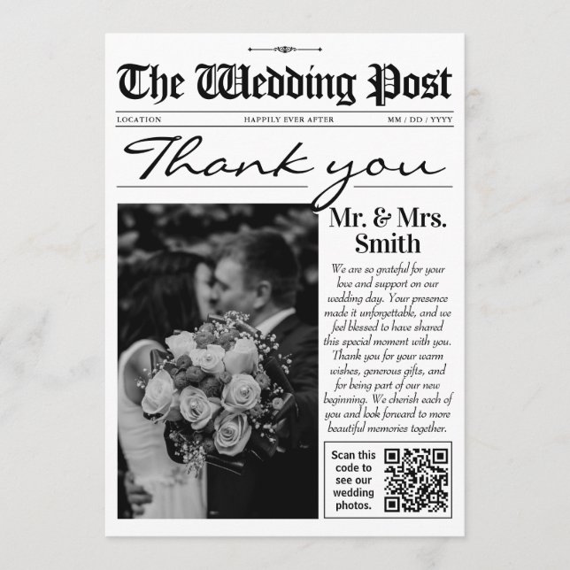Modern Bröllop Tackkort, Bröllops Tidning Tack Kort (Framsida)