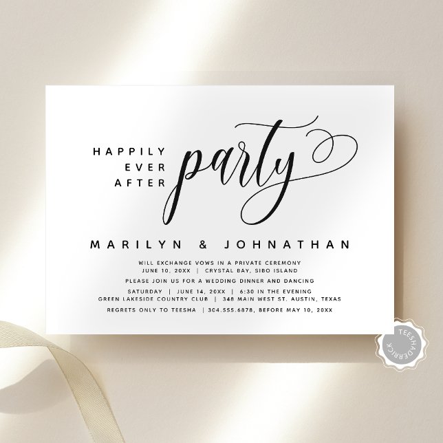 Modern Bröllop-utveckling lyckligtvis allt efter P Inbjudningar (Modern Script Classy Wedding Elopement Happily Ever After Party Invitation Card, Digital and Printed)