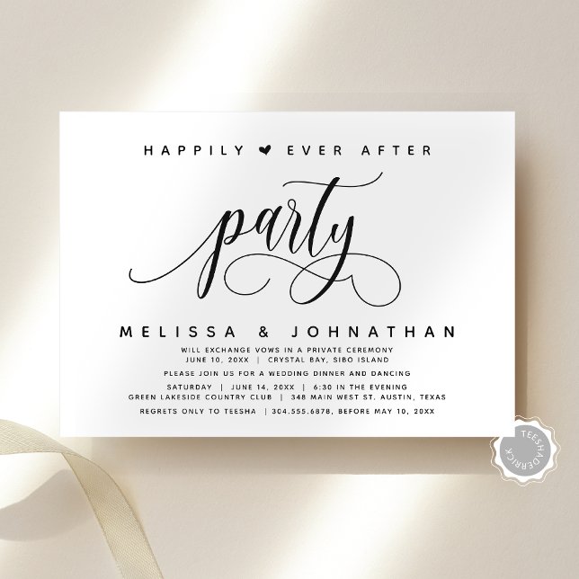 Modern Bröllop-utveckling lyckligtvis allt efter P Inbjudningar (Modern Script Classy Wedding Elopement Happily Ever After Party Invitation Card, Digital and Printed)