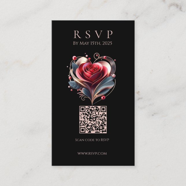 Modern bröllops-RSVP QR-kod-Hjärteformad ros Visitkort (Framsida)