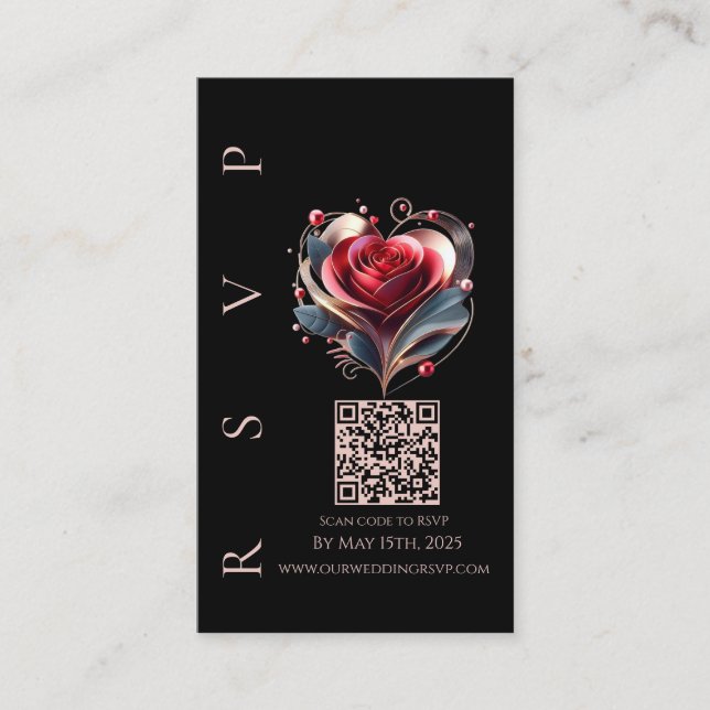 Modern bröllops-RSVP QR-kod-Hjärteformad ros Visitkort (Framsida)