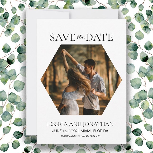 Modern Bröllopsbehåll Datum Hexagon Foto  Spara Datumet (Wedding Save the Date photo card)