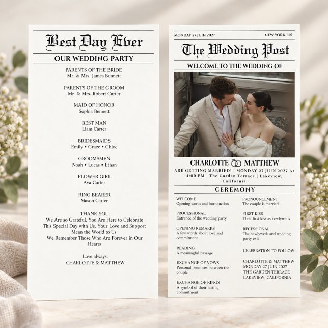 Modern Bröllopsbild i Svart Vitt Tidningsformat Program (wedding programs black and white elegant ceremony calligraphy script minimalist formal classy clean )
