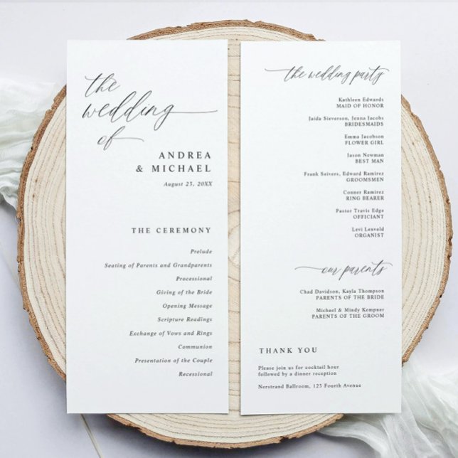 Modern Bröllopsceremoni Skript Kalligrafi Elegant  Program (Elegant wedding programs in modern black and white calligraphy script.)