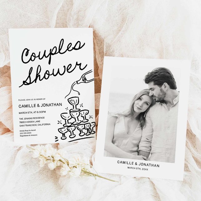 Modern Bröllopsdusch Champagne Inbjudan (Modern Hand Drawn Couples Shower Invitation)