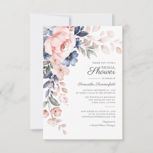 Modern Bröllopsdusch Rosa Blå Akvarell Blomma Inbjudningar (Framsida)