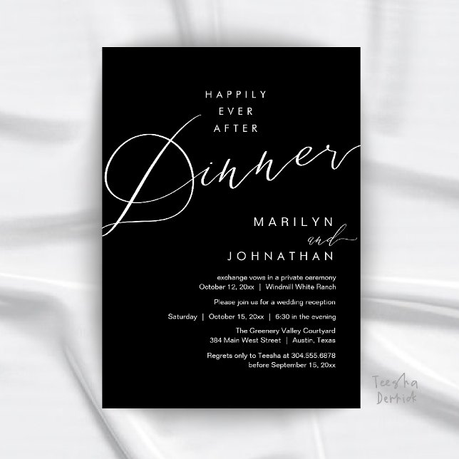 Modern Bröllopsfest Efter Middag Mottagning Inbjudningar (Modern Wedding Happily Ever After Reception Dinner Invitation Card in Black and White)