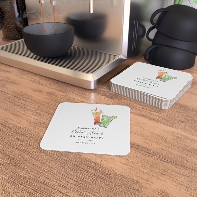 Modern Bröllopsfest med vattenfärg - Cocktailparty Underlägg Papper Kvadrat (Bridal Shower Cocktail Party Coasters)