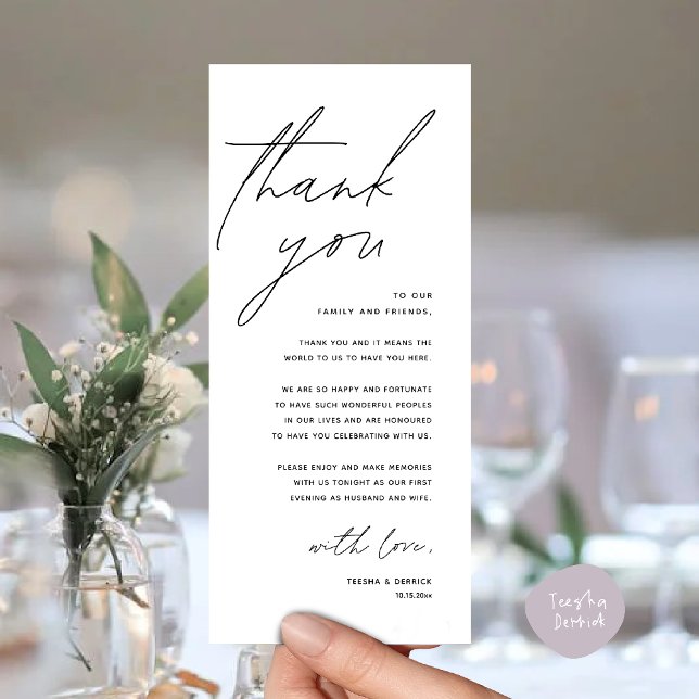 Modern Bröllopsfest Middag Tack Kort (Modern Wedding Reception Dinner Lunch Brunch Party Thank You Card in black and white)