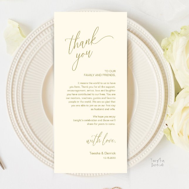 Modern Bröllopsfest Middag Tack Kort (Modern Wedding Reception Dinner Thank You Card in Yellow gold)