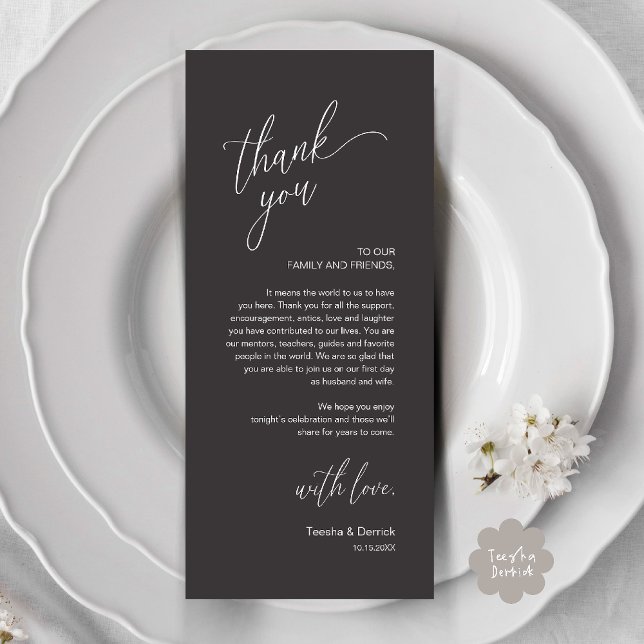 Modern Bröllopsfest Middag Tack Kort (Modern Wedding Reception Dinner Thank You Card in Charcoal Grey)