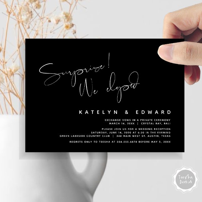 Modern Bröllopsflykt, Överraskning, vi rymde Inbjudningar (Modern Wedding Elopement, Surprise, we eloped, dinner Invitation Card, PDF, in Black and White)