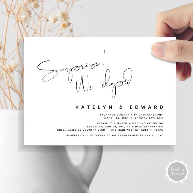 Modern Bröllopsflykt, Överraskning, vi rymde Inbjudningar (Modern Wedding Elopement, Surprise, we eloped, dinner Invitation Card, PDF, in Black and White)