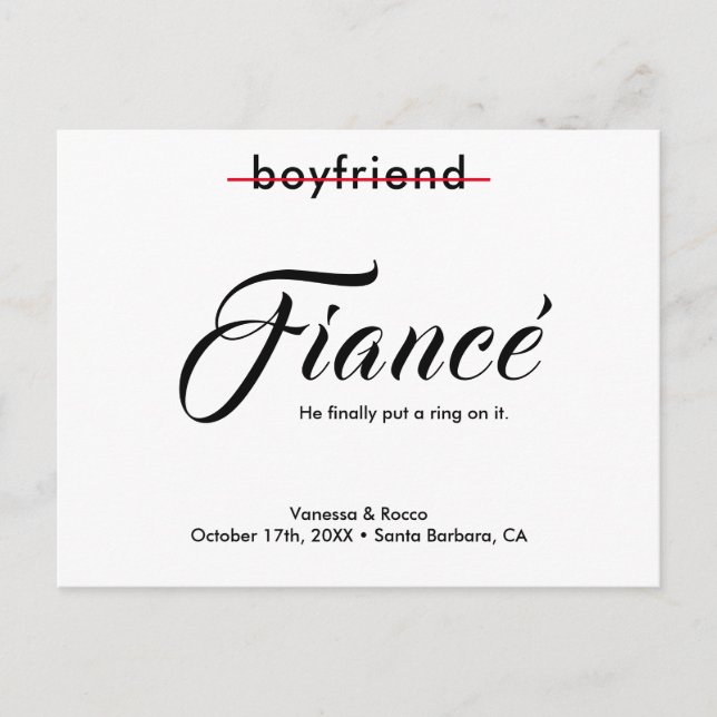 Modern Bröllopsförlovning Med Ring Kvar På Förlovn Meddelande Vykort (Framsida)