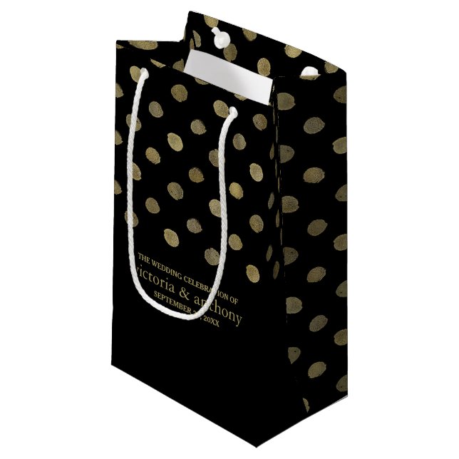 Modern bröllopsförmån för Black & Guld Polka dots (Framsidan Vinklad)