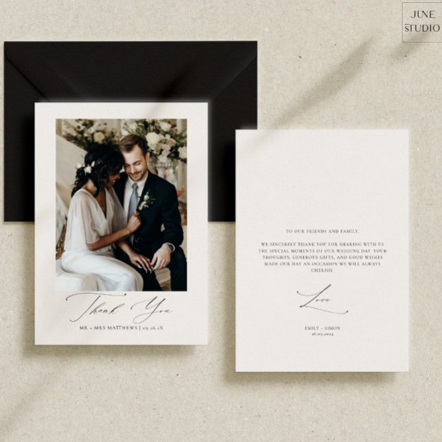 Modern Bröllopsfoto Tack Kort (modern elegant wedding photo thank you card, dainty calligraphy, modern script simple thank you )