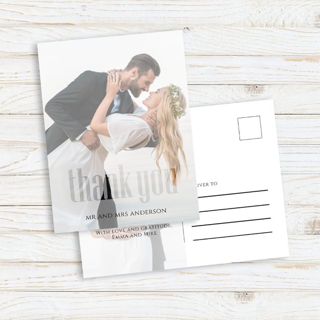 Modern Bröllopsfoto Tackkort Vykort (Modern wedding thank you photo card. Simple postcard design.)