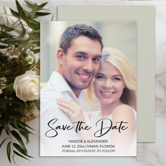 Modern Bröllopsfotografi med handskrift Spara Datumet (Wedding Save the Date photo card)