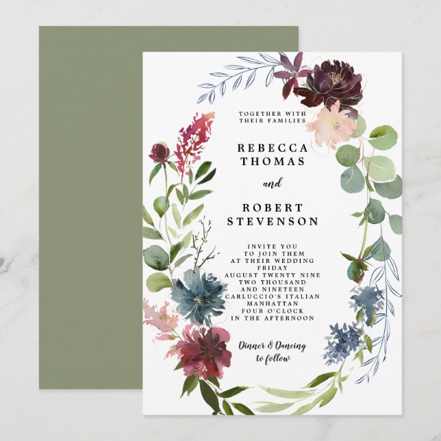 Modern bröllopsinbjudan, brinnande blommigt andeta inbjudningar (Fram/baksida)
