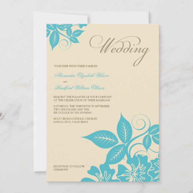 Modern bröllopsinbjudan för Aqua/Cream Blommigt Inbjudningar (Framsida)