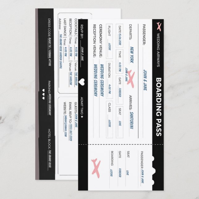 Modern bröllopsinbjudan i form av boardingkort - A Spara Datumet (Fram/baksida)