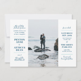 Modern Bröllopsinbjudan i Marinblått och Vitt Meddelande