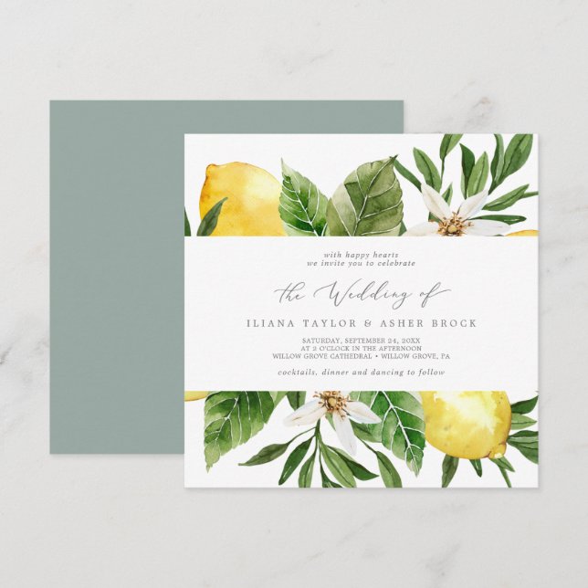 Modern bröllopsinbjudan på Lemon Garden Square Inbjudningar (Fram/baksida)