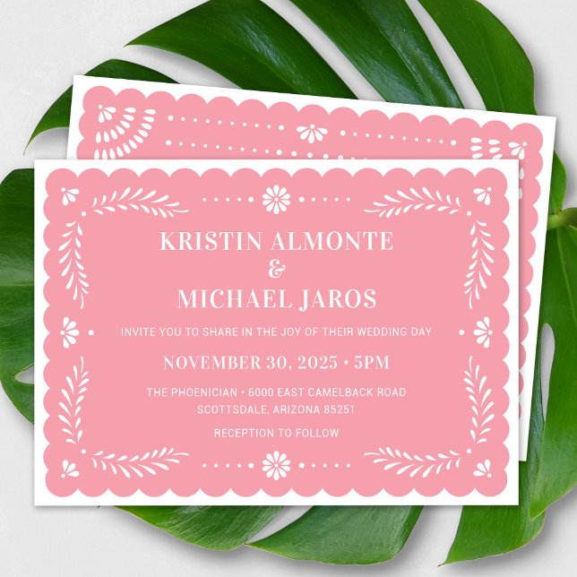 Modern bröllopsinbjudan Papel Picado Mexican Inbjudningar (Modern Papel Picado Wedding Invitation In Pink)