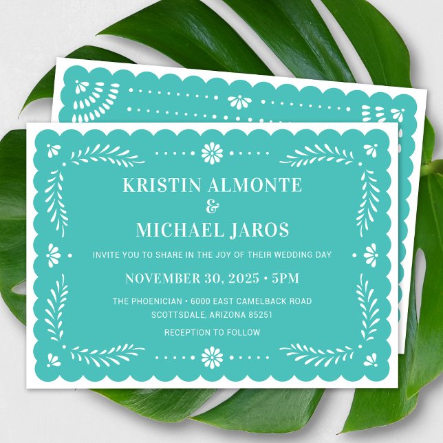 Modern bröllopsinbjudan Papel Picado Mexican Inbjudningar (Modern Papel Picado Wedding Invitation In Turquoise)