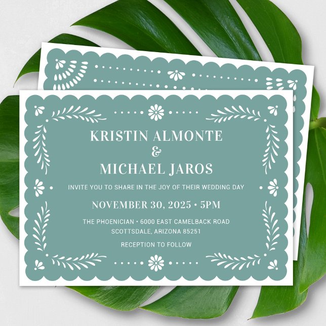 Modern bröllopsinbjudan Papel Picado Mexican Inbjudningar (Modern Papel Picado Wedding Invitation In Sage)
