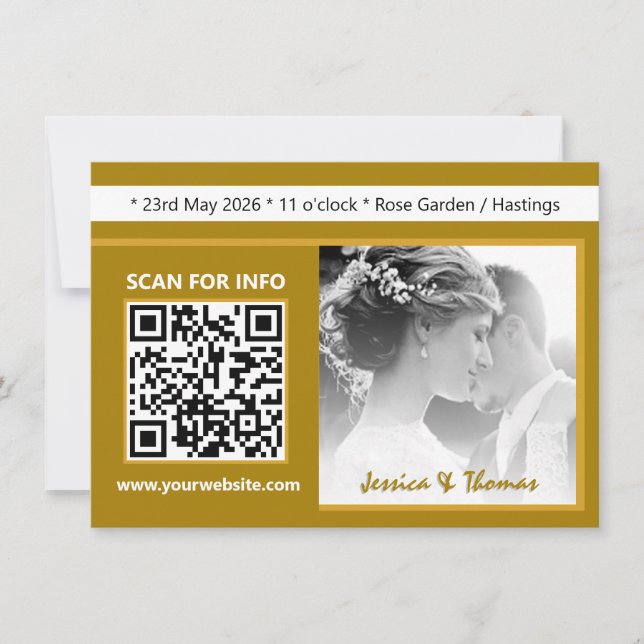 Modern bröllopsinbjudan, QR-kod, foto, guld Inbjudningar (Framsida)