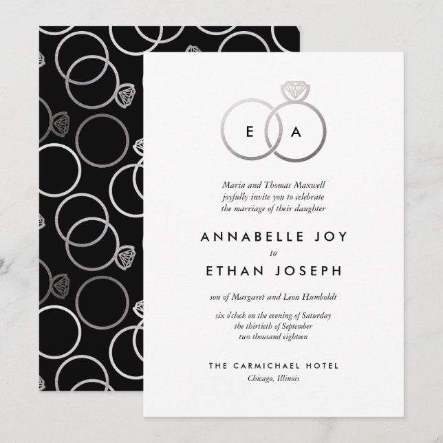 Modern bröllopsinbjudan Silver Ringar Inbjudningar (Fram/baksida)