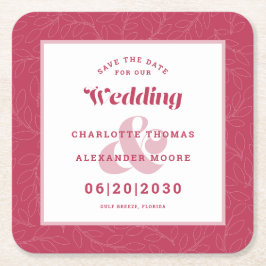 Modern Bröllopsinbjudan Spara Datum Magenta Bladmö Underlägg Papper Kvadrat