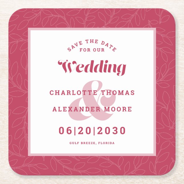 Modern Bröllopsinbjudan Spara Datum Magenta Bladmö Underlägg Papper Kvadrat (Framsidan)